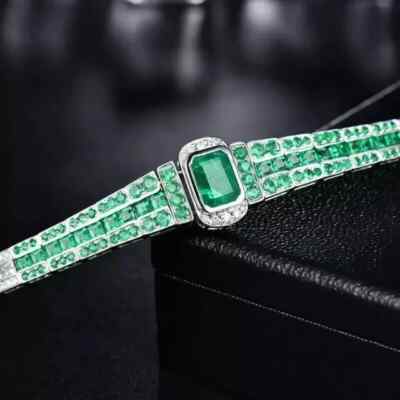 Princess & Round Lab Created Smaragd & Diamant Armband 14K Weißgold vergoldet