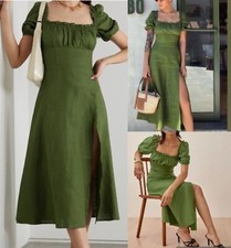 Reformation Jacqueline Linen Midi Dress 0 XS Puff Sleeve Square Neck Ruched Moss