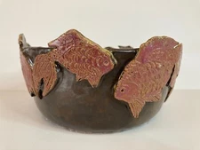 Handthrown Pottery Oval Bowl Applied Fish/Koi Brown Pink