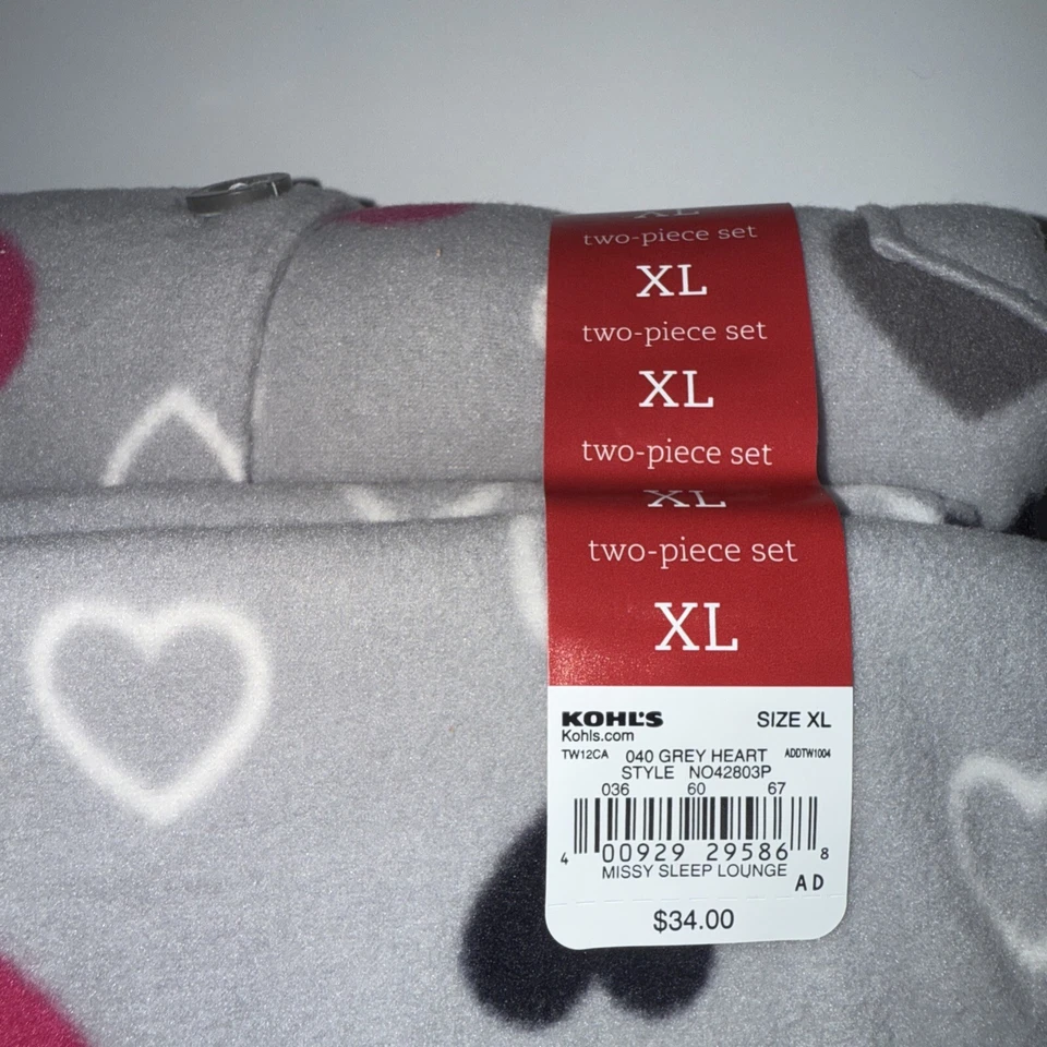 Women’s Sonoma Missy Sleep Lounge XL Gray Matching Pajama Set With Hearts NWT - Image 3 of 4