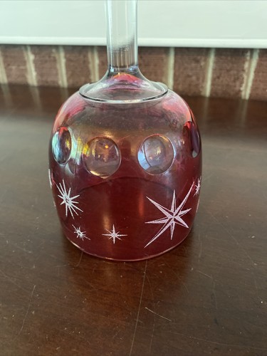 Bartlett Collins Etched Atomic Starburst Cranberry Red Thumbprint Glass Goblet - Picture 7 of 12