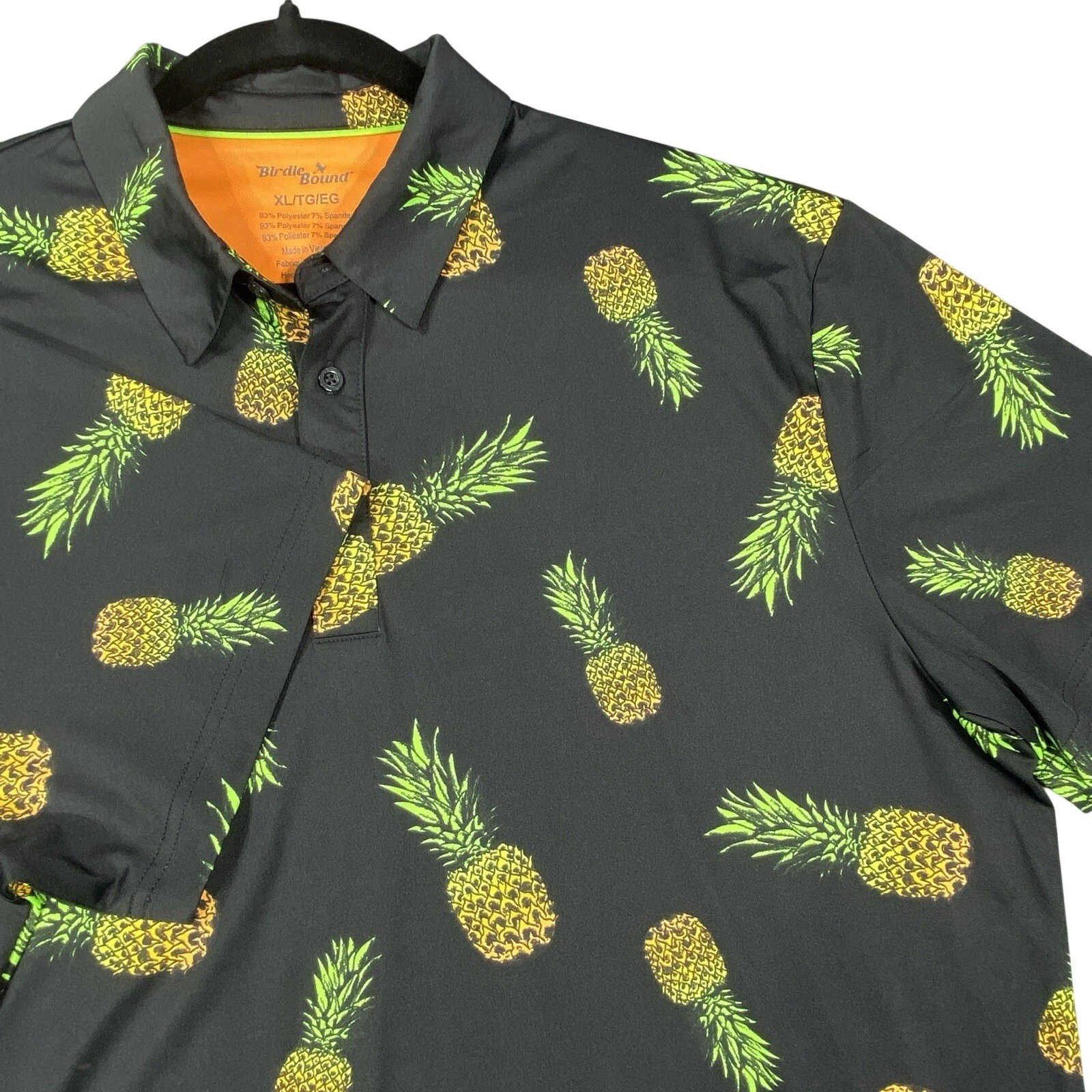 Birdie Bound Polo Mens XL Black Pineapple Print Performance Golf Neon Hawaiian