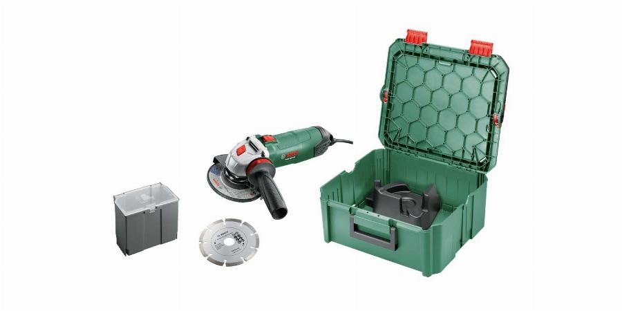 Meuleuse Bosch PWS 850-125 à haute endurance avec son carter de protection et boîte de rangement