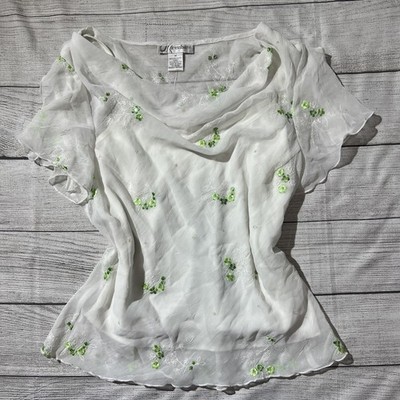 Y2K Dressbarn white cowl neck top green floral embroidered ethereal whimsical