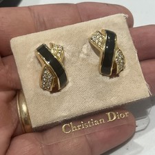 Vintage Christian Dior Rhinestone X Gold Tone Clip On Earrings New Org Tag