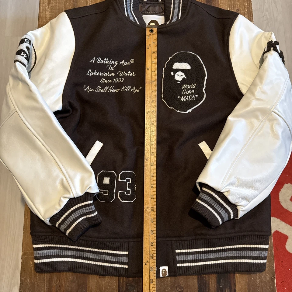 BAPE Varsity Jacket Leather Sleeves SZ LRG Brown & White Letterman A Bathing Ape - Image 2 of 4