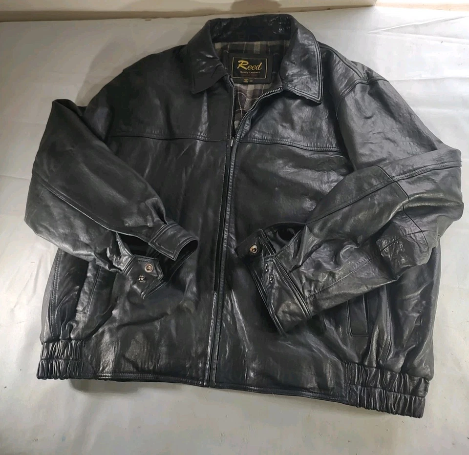 Abrigo Chaqueta Bomber Vintage Caña Cuero Negro con Forro a Cuadros Talla XXL Foto 3 de 4