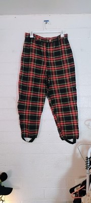 Vintage Partners Women's Red Preppy Academia Plaid Stirrup Pants Button Closure