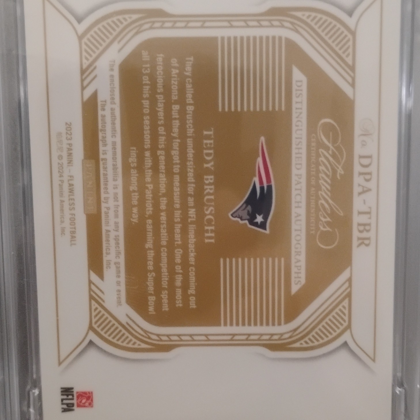 🏆2024 Panini Flawless Update Tedy Bruschi Patriots Nike Patch Auto Platinum 1/1 view 4