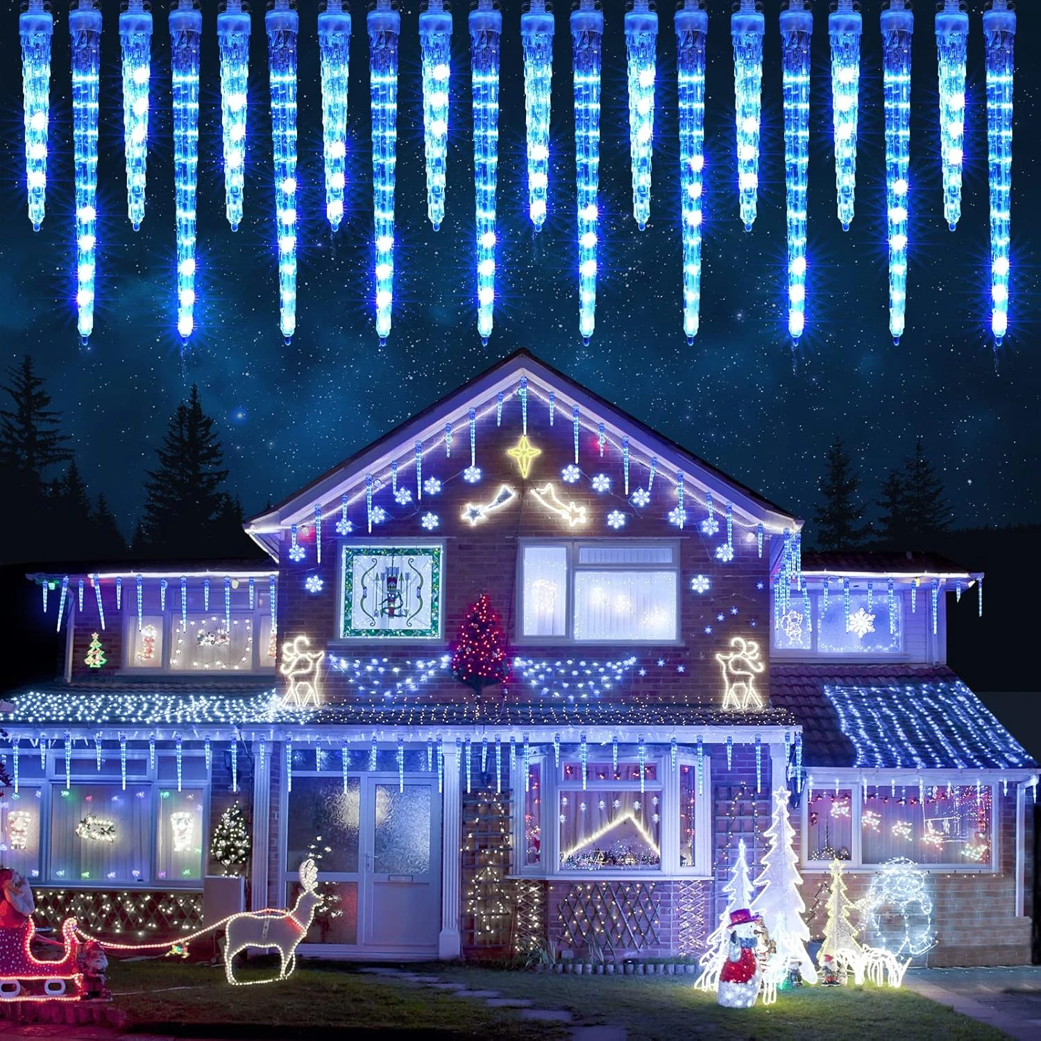 Luces carambano 13ft 320led meteoricas temporizador impermeable conectables azul