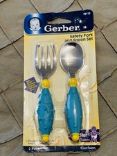 Vintage 2004 Gerber Safety Toddler 12M Training Fork And Spoon Set Blue Yellow