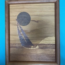 Wood Inlay Picture Sailboat Nautical Ship Sea Wall Art Inlaid Vintage Marquetry