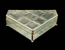 Vintage Stained Clear Etched Glass  Mirror Jewelry Box Hinged Lid 10"X9  X2.5  