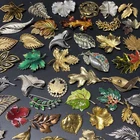 Lot of 50 Vintage LEAF Shaped BROOCH Pins Rhinestone Enamel Costume Jewelry