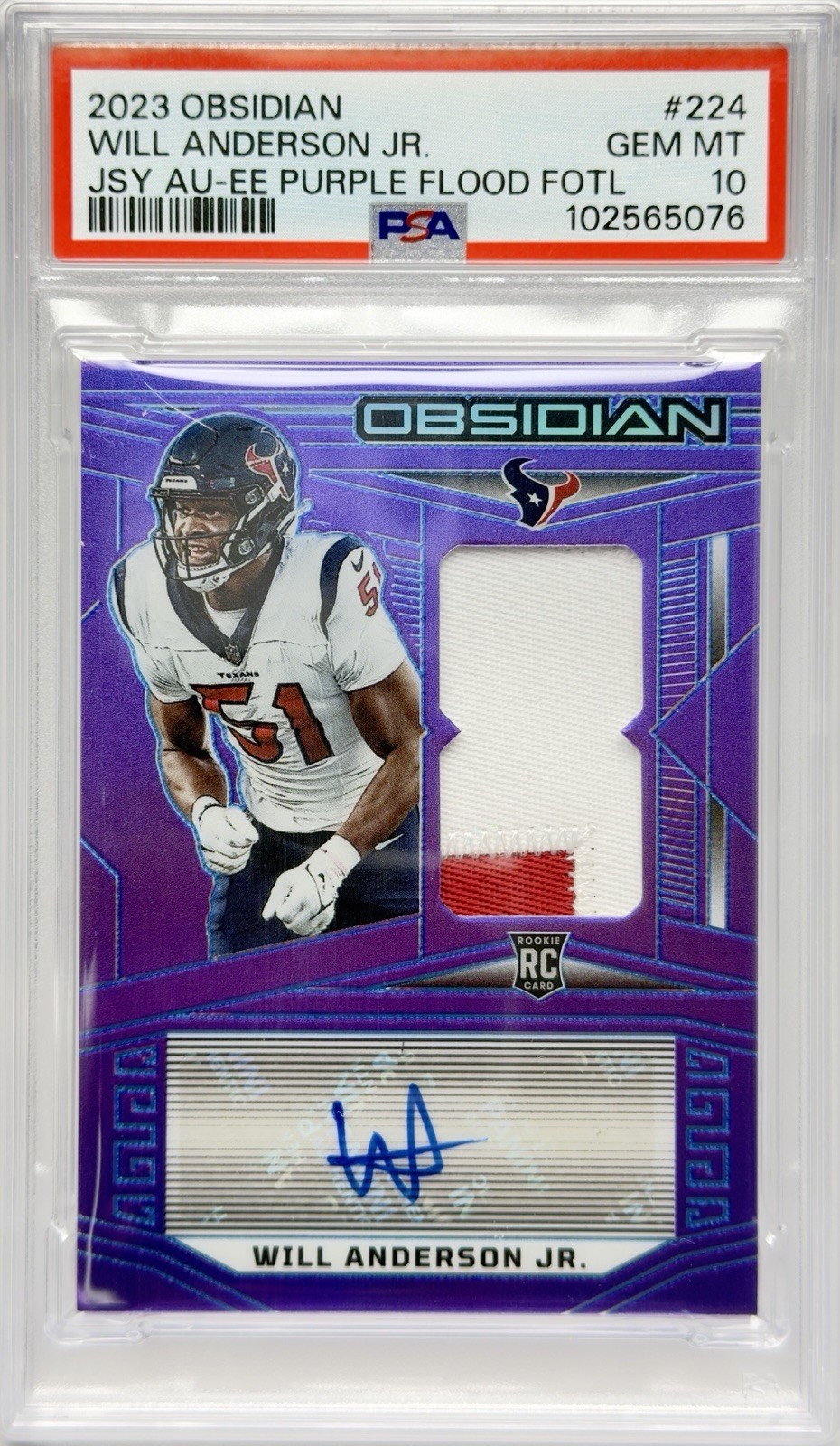 Will Anderson Panini Obsidian #224 Jersey Autograph-Electric Etch Purple Flood Fotl