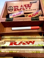 RAW Wooden Stash Box with RAW Rolling Papers, One Hitter, Scoop & Tips