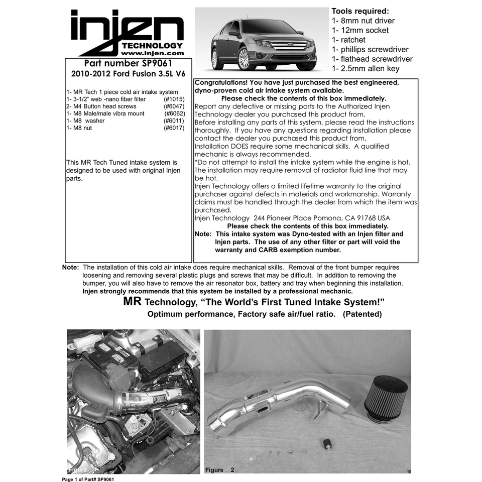 Entrada de aire frío de aluminio pulido Injen SP9061P para Ford Fusion 2010-12 3,5 L V6 Foto 4 de 4