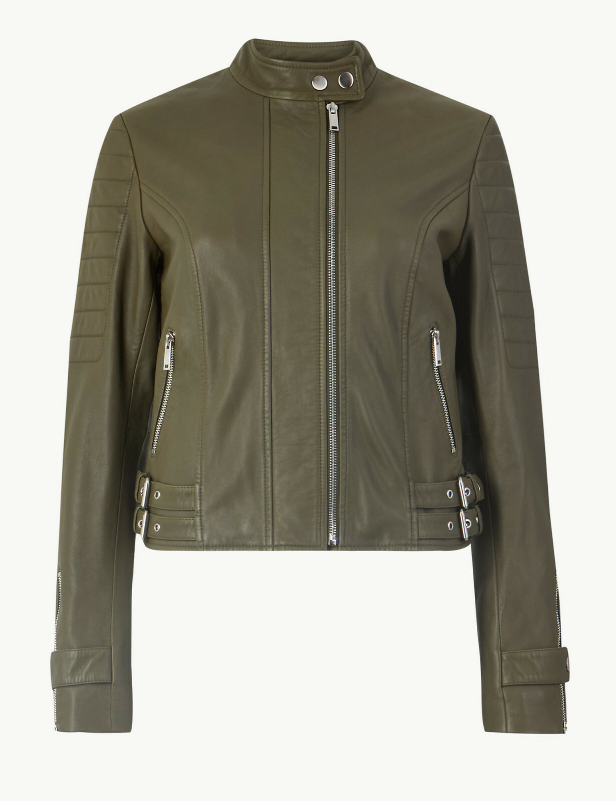 EX  M&S , Per Una Short ,Fitted Leather Biker Jacket in Dark Olive/ Khaki UK 8 image 4