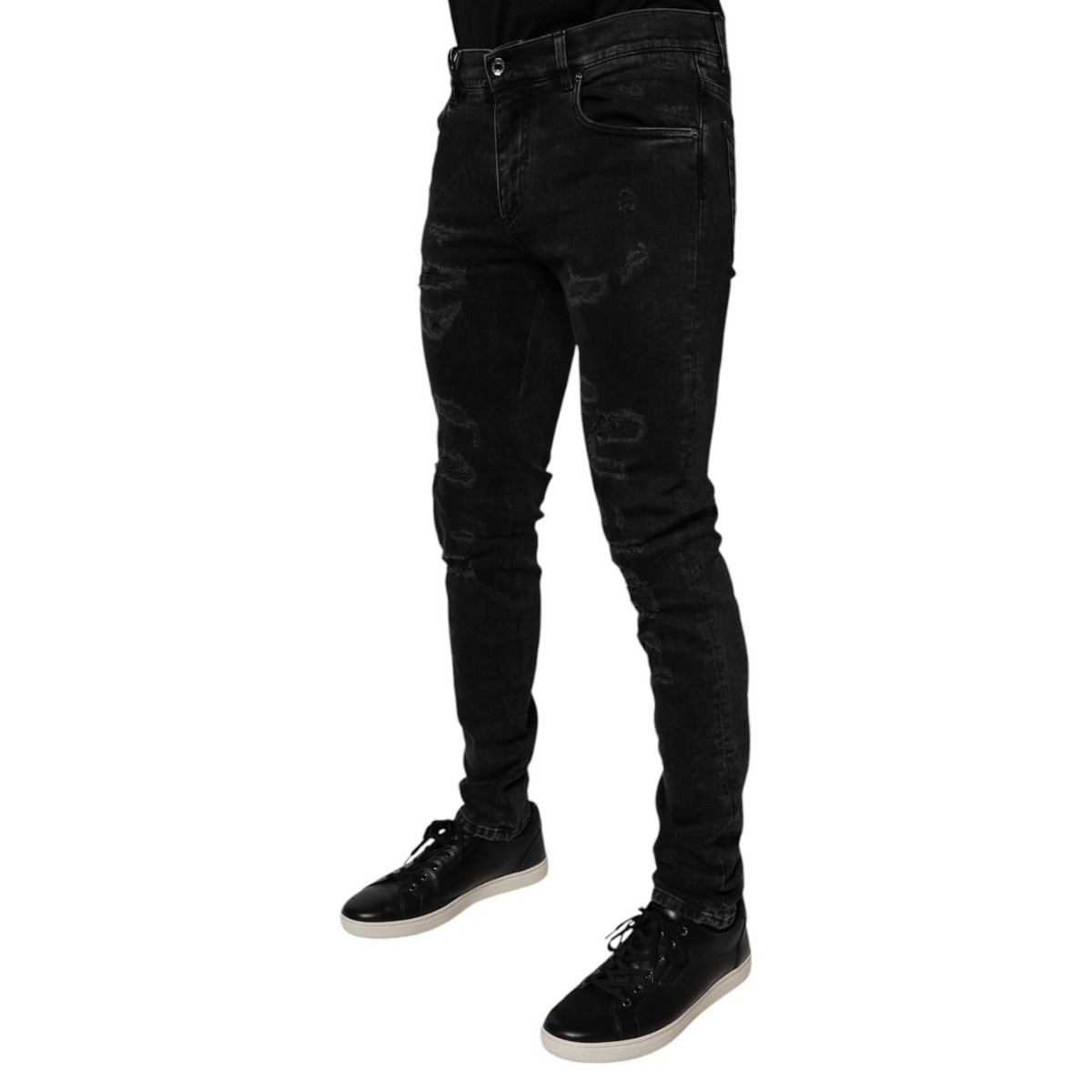 DOLCE & GABBANA Jeans Black Tattered Cotton Skinny Men Denim IT46