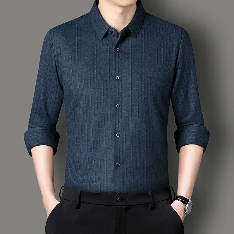 Otoño Primavera Para Hombres 100% Cachemira Manga Larga Camisas Negocios Rayas Prendas para el torso Botón Foto 2 de 4