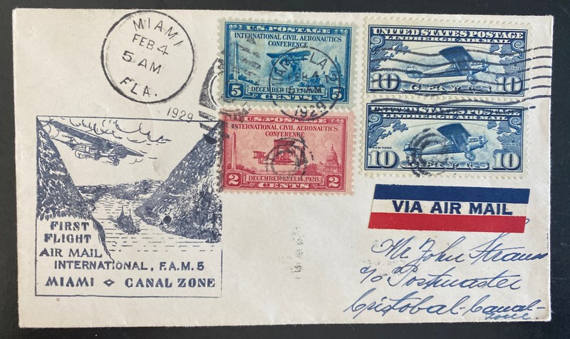 1929 Miami FL USA First Flight Airmail Cover To Cristobal Canal Zone FAM 5