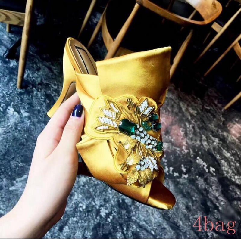 kvinnor High klackar Rhinestone Silk Satin Diamond Mules Party sommar Sandal skor kvinnor High klackar Rhinestone Silk Satin Diamond Mules Party sommar Sandal skor
