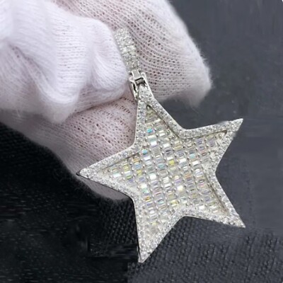 2 Ct Baguette & Round Cut Natural Moissanite Star Pendant 14K White Gold Plated