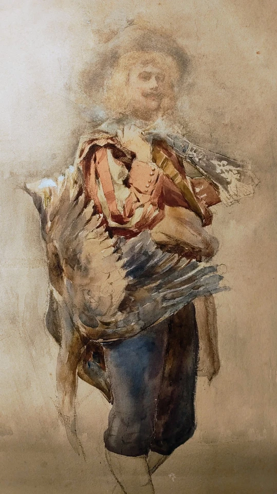 Pintura em aquarela original Cavilear Ghost Face Hunter retrato em papel anos 1800 - Imagem 4 de 4