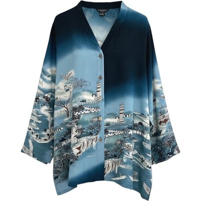 Citron Santa Monica Silk Blouse Women 3X Blue Asian Landscape Ombre Lagenlook