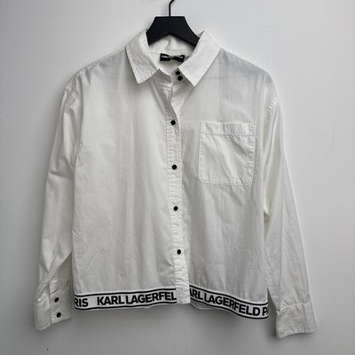 Karl Lagerfeld Paris Button Shirt Womens S White Blouse Top Long Sleeve Logo