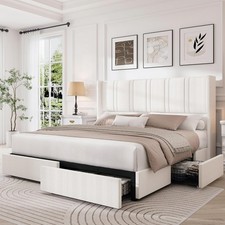 Queen Size Bed Frame with 4 Storage Drawers and Wingback Headboard Linen