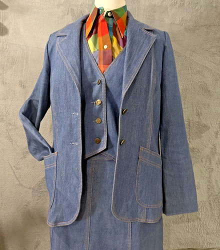 VTG 70s Suit Denim 3 Piece Womens Suit + 70s Wrangler Madras Plaid Cotton Shirt