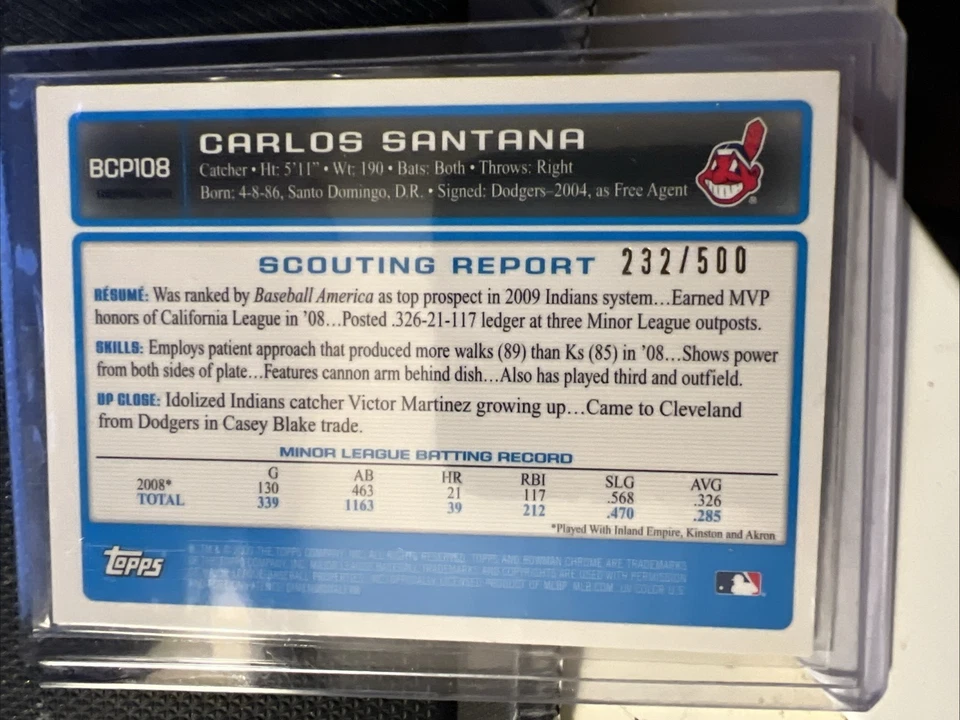 Carlos Santana Auto Rookie Refractor 2009 Topps Bowman Chrome 232/500 Guardians Foto 3 de 4