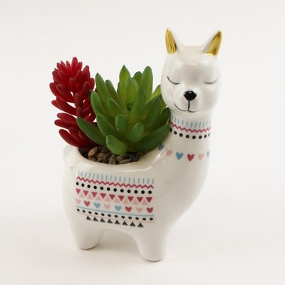 Unbranded White Ceramic Llama Shaped Fake Succulent Planter Decor 5.25'' Tall