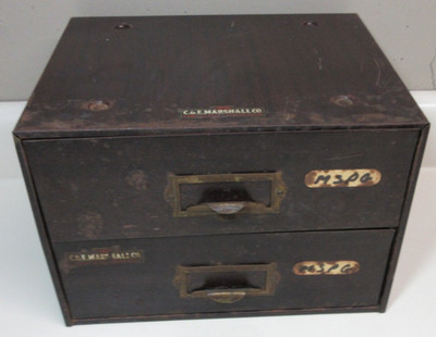 VTG WATCHMAKER JEWELER 2 DRAWER PARTS STORAGE CABINET BENCH TOOL CE MARSHALL #53
