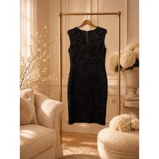 Calvin Klein Black Glitter Scroll Sheath Dress Gold Zip Sleeveless 8 Cocktail