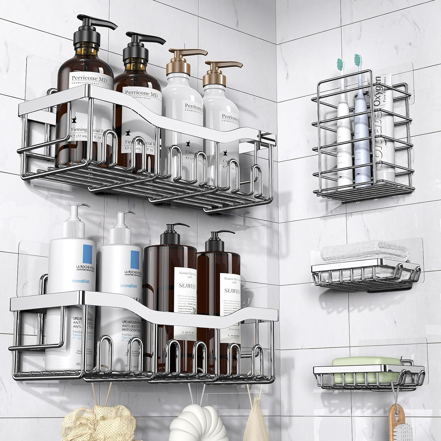 Shower Caddy 5 Pack,Adhesive Organizer for Larger Size, Silver