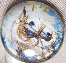 LRG GLASS DOME PICTURE BUTTON  - BEAUTIFUL WHITE HORSE #2 BLUE EYES GOLD BRIDLE