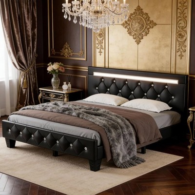 Queen Size LED Bed Frame Faux Leather Crystal Tufted Adjustable Headboard