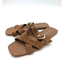 Stuart Weitzman Villa Slide Sandal Women's Crisscross Strap Doe Size US7B EU37.5