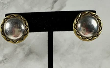 Sterling Silver and Etched Brass Dome Earrings - Vintage - .75" Round