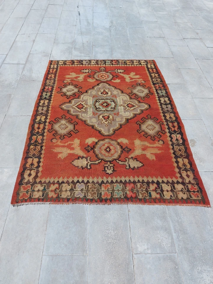 Alfombra antigua Oushak súper rara reccional alfombra decoración floral y geométrica alfombras Foto 4 de 4