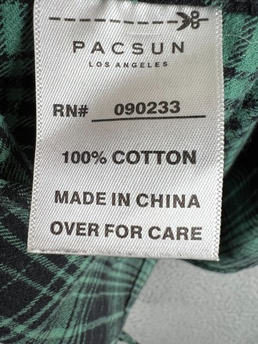 PacSun Button Up Men Large Green/Black Flannel Plaid Longer Fit Long Sleeve Top - Picture 6 of 8