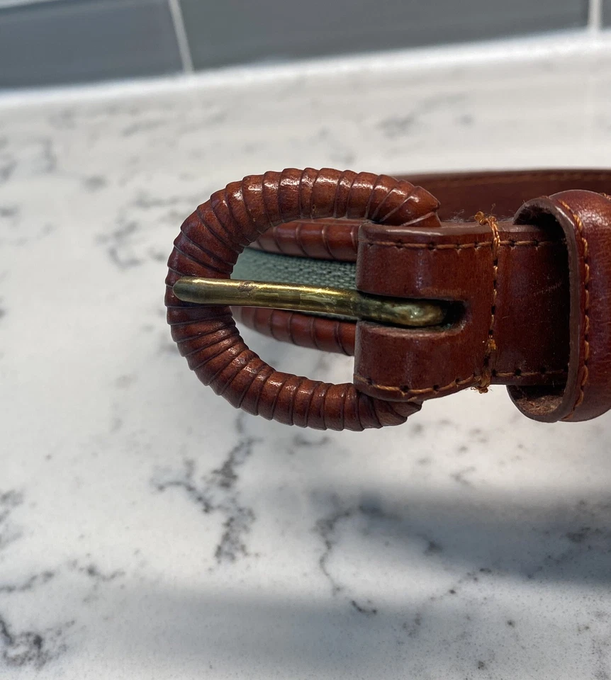 Cinturón Talbots de cuero marrón genuino para mujer talla M con inserción de tela tejida verde Foto 3 de 4