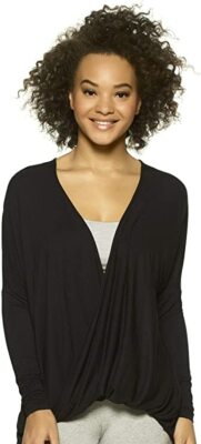 Felina Women's Sz L Soft Modal Twist Front Long Sleeves Lounge Top Tee Black