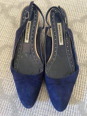 Manolo Blahnik Bright Navy Suede Aspro Slingback with Block Heel. Sz  US 10