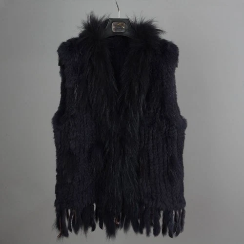 Fashion Lady Real Rabbit Classic Knitted Fur Vest Raccoon Collar Gilet Womens - Picture 17 of 39