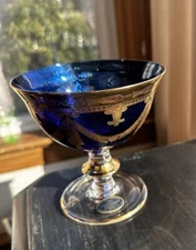 Italian Interglass Cobalt Blue & 24ktGold Decorated Raised Bowls / Compotes - 5"