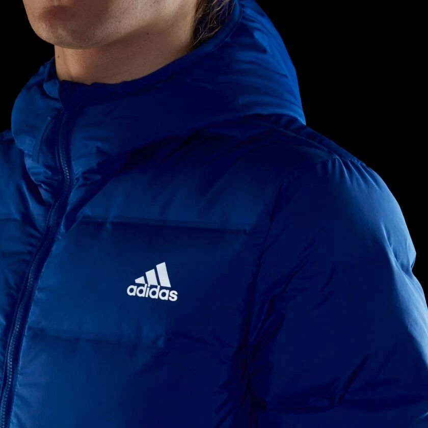 adidas Jacket Mens Helionic Hooded Down Blue Windproof Outdoor Coat Football - Image 4 of 4