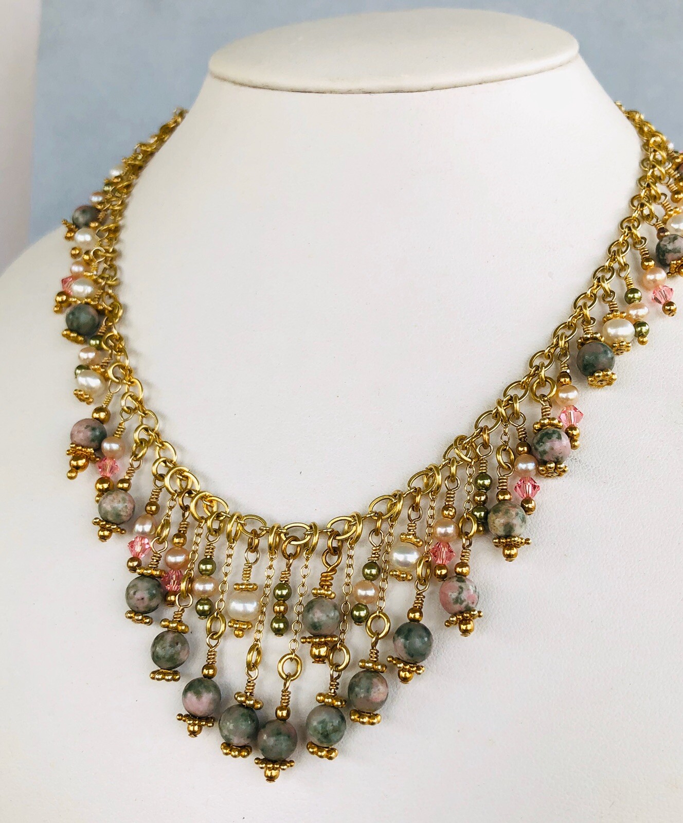 Jasper Pearl Necklace with Swarovski Crystals and Bali Beads in Vermeil 16-1/4 Inches-image